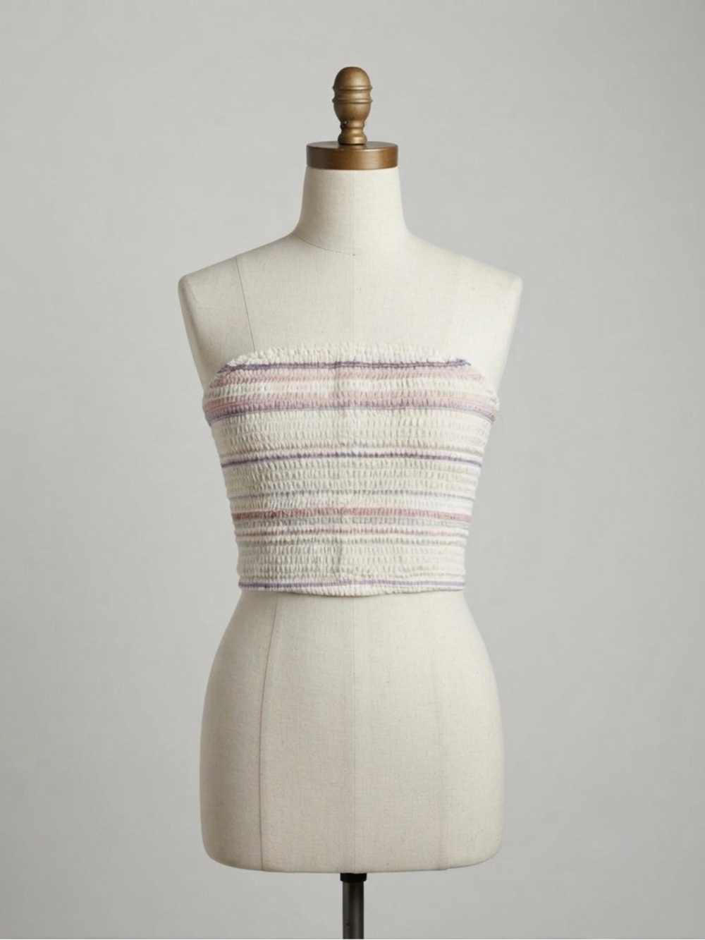 American Eagle Smocked Tube Top in Cream with Pink & Lavender Stripes